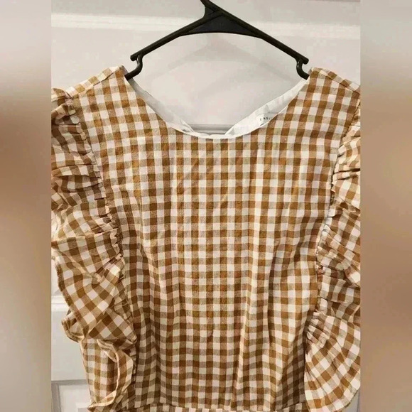 English Factory Brown/ White Plaid Ruffle Short Sleeves Jumpsuit Tie Back Size S - Picture 2 of 7